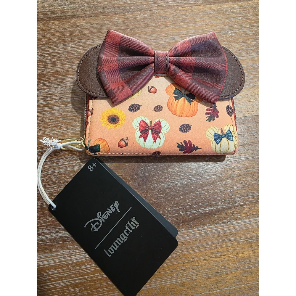 Loungefly Disney Minnie Mouse Fall Pumpkin Plaid Bow Zip Around Wallet New